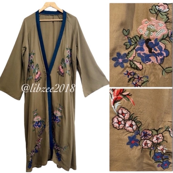 Embroidered Floral Bohemian Kimono Robe Swimsuit Cover-Up in Olive Green - Picture 7 of 7